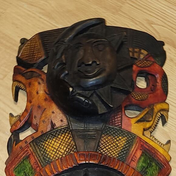 Vntg Hand Painted Hand Carved Myan Aztec Warrior Masks Sighned Set Of 6 Mexican - Picture 4 of 13